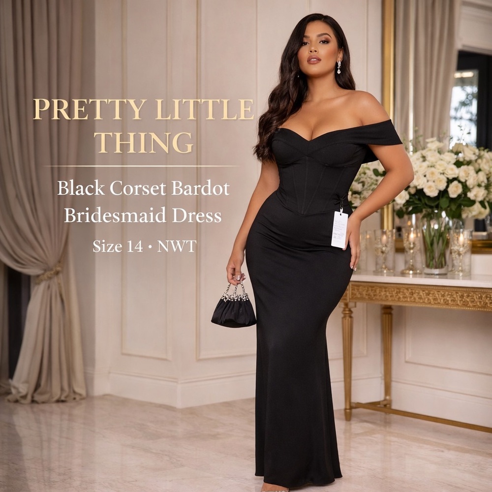 PrettyLittleThing Black Corset Bardot Bridesmaids Dress Size 14 Formal Gown NWT